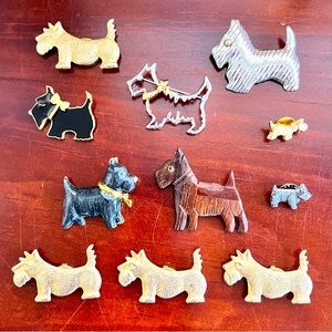 Scottish Terrier Brooch Collection.  Vintage mixed medias Silver, Enamel, Wood